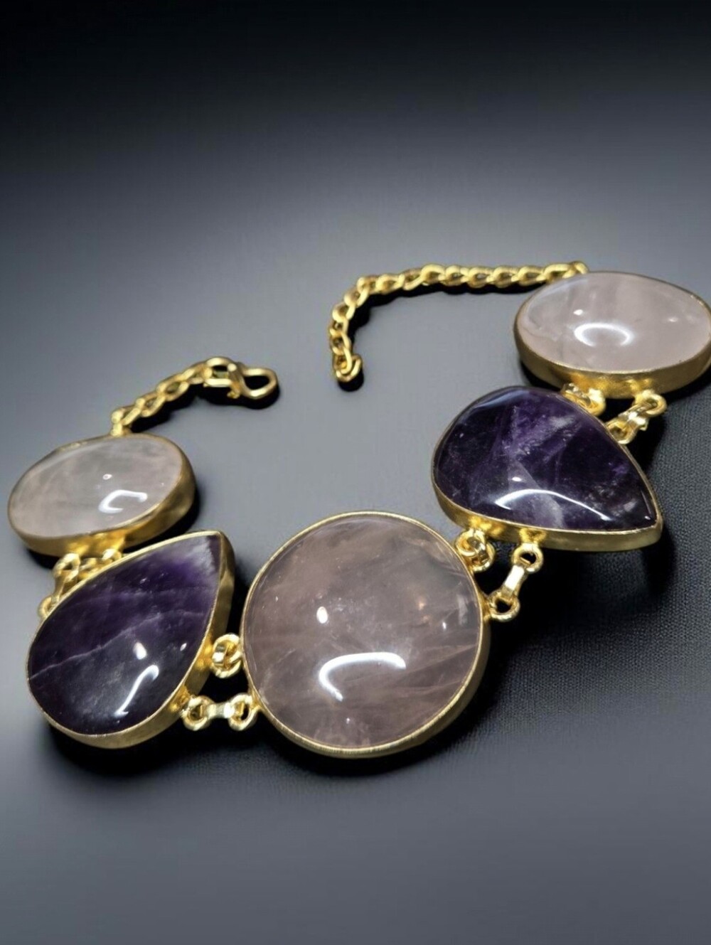 18k Gold Plated Chunky Artisan Genuine Amethyst & Rose Quartz Chain Bracelet